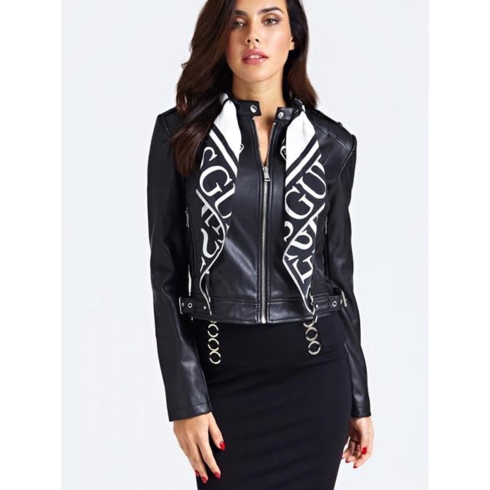 New GUESS Foulard Detail Coated-Look Biker SZ S